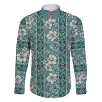 Hawaii Vintage Green Hibiscus Tapa Pattern Family Matching Off Shoulder Short Dress and Hawaiian Shirt