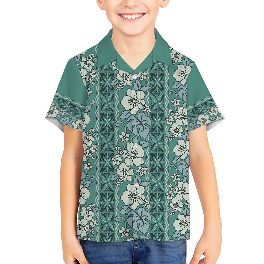 Hawaii Vintage Green Hibiscus Tapa Pattern Family Matching Short Sleeve Bodycon Dress and Hawaiian Shirt