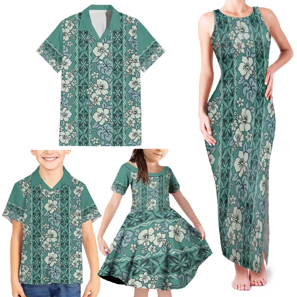 Hawaii Vintage Green Hibiscus Tapa Pattern Family Matching Tank Maxi Dress and Hawaiian Shirt LT05 - Polynesian Pride