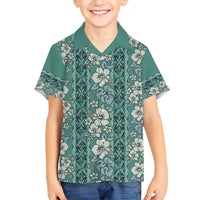 Hawaii Vintage Green Hibiscus Tapa Pattern Kid Hawaiian Shirt