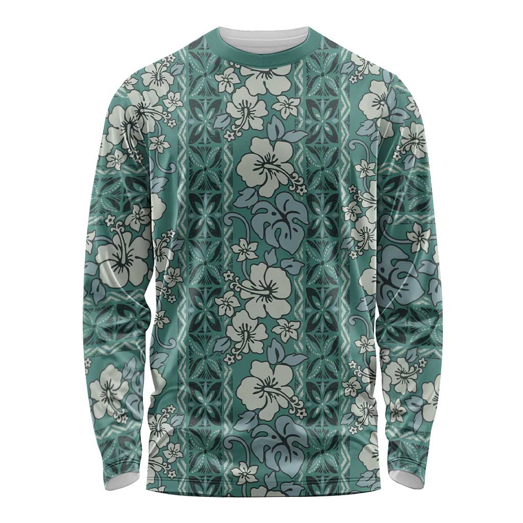 Hawaii Vintage Green Hibiscus Tapa Pattern Long Sleeve Shirt LT05 Unisex Green - Polynesian Pride