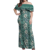 Hawaii Vintage Green Hibiscus Tapa Pattern Off Shoulder Maxi Dress