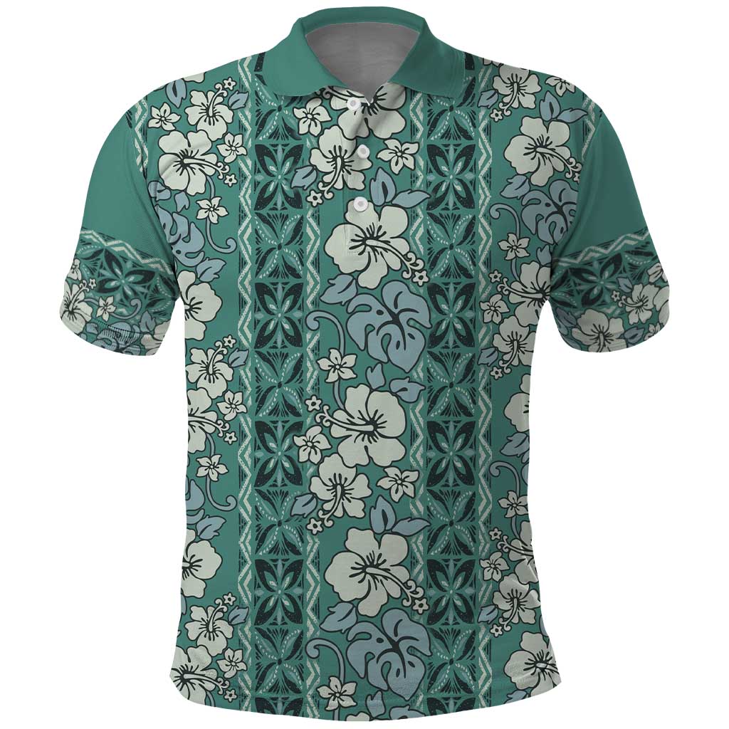 Hawaii Vintage Green Hibiscus Tapa Pattern Polo Shirt