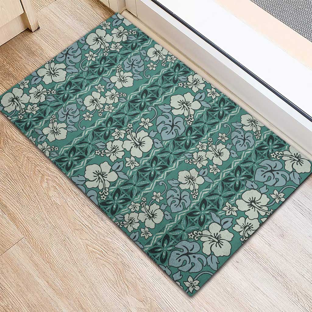 Hawaii Vintage Green Hibiscus Tapa Pattern Rubber Doormat LT05 - Polynesian Pride