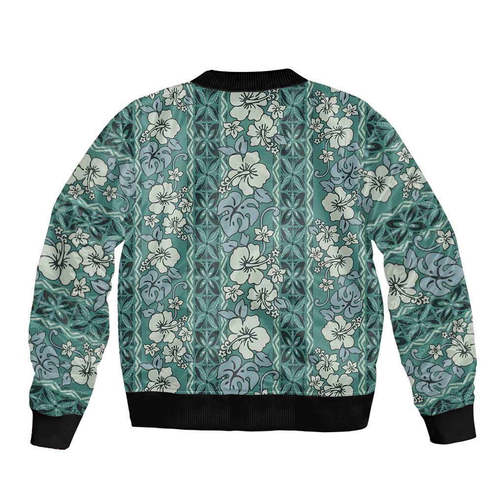Hawaii Vintage Green Hibiscus Tapa Pattern Sleeve Zip Bomber Jacket
