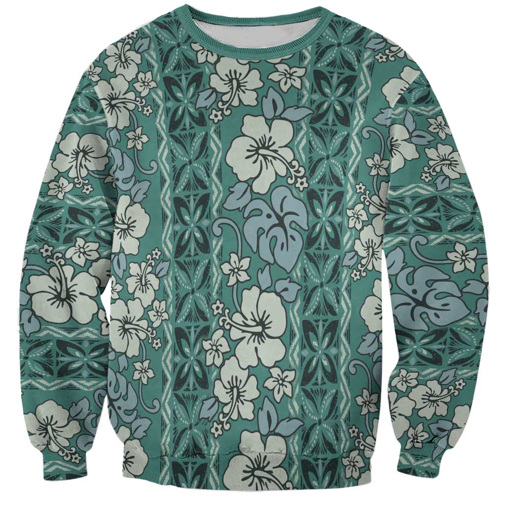 Hawaii Vintage Green Hibiscus Tapa Pattern Sweatshirt