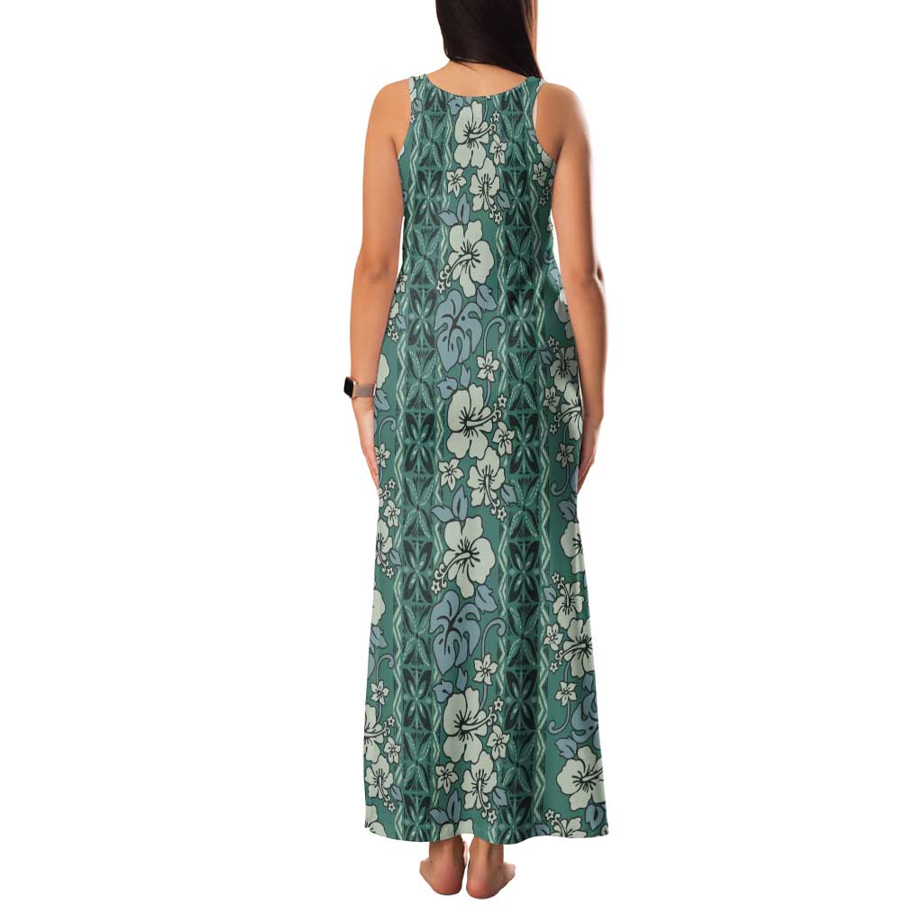 Hawaii Vintage Green Hibiscus Tapa Pattern Tank Maxi Dress