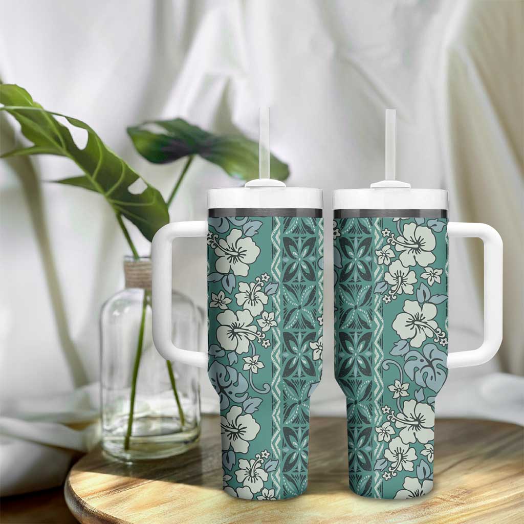 Hawaii Vintage Green Hibiscus Tapa Pattern Tumbler With Handle