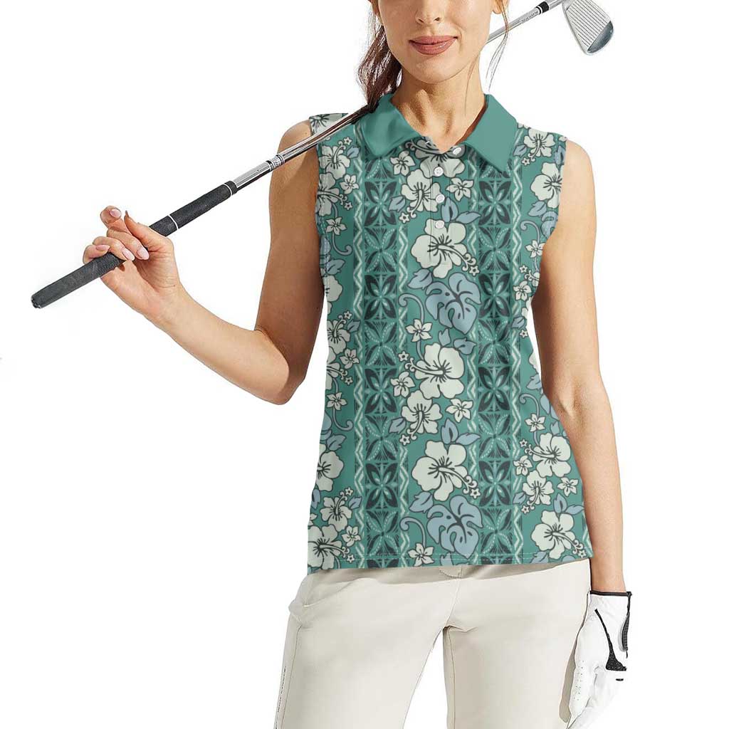 Hawaii Vintage Green Hibiscus Tapa Pattern Women Sleeveless Polo Shirt