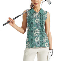 Hawaii Vintage Green Hibiscus Tapa Pattern Women Sleeveless Polo Shirt