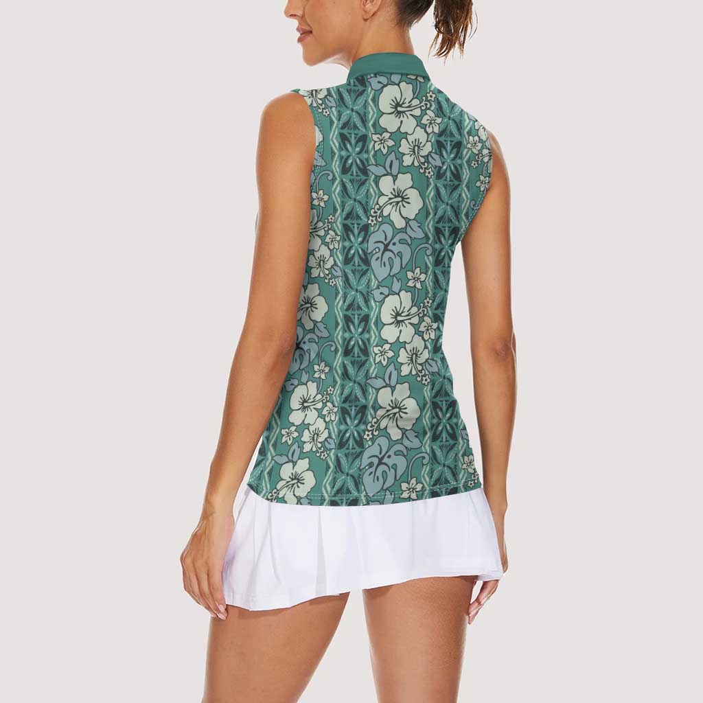 Hawaii Vintage Green Hibiscus Tapa Pattern Women Sleeveless Polo Shirt