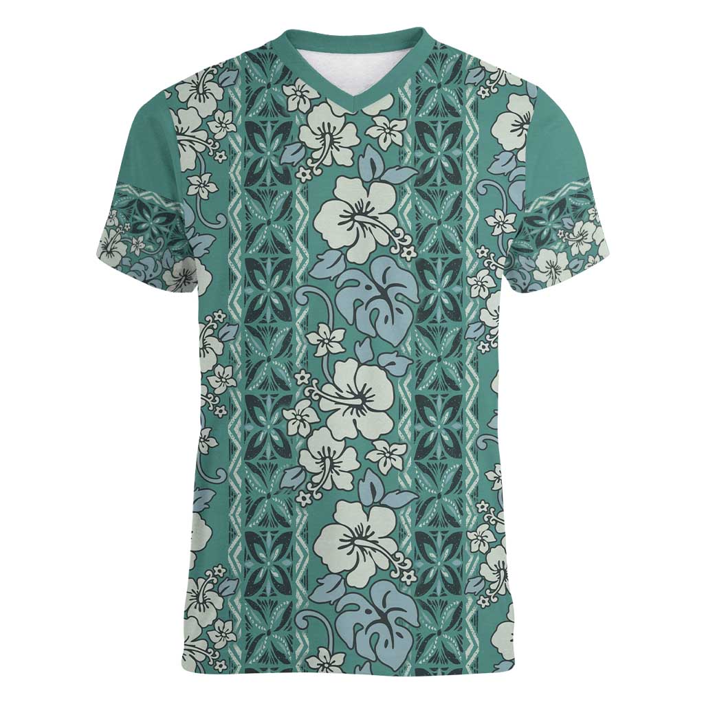 Hawaii Vintage Green Hibiscus Tapa Pattern Women V-Neck T-Shirt