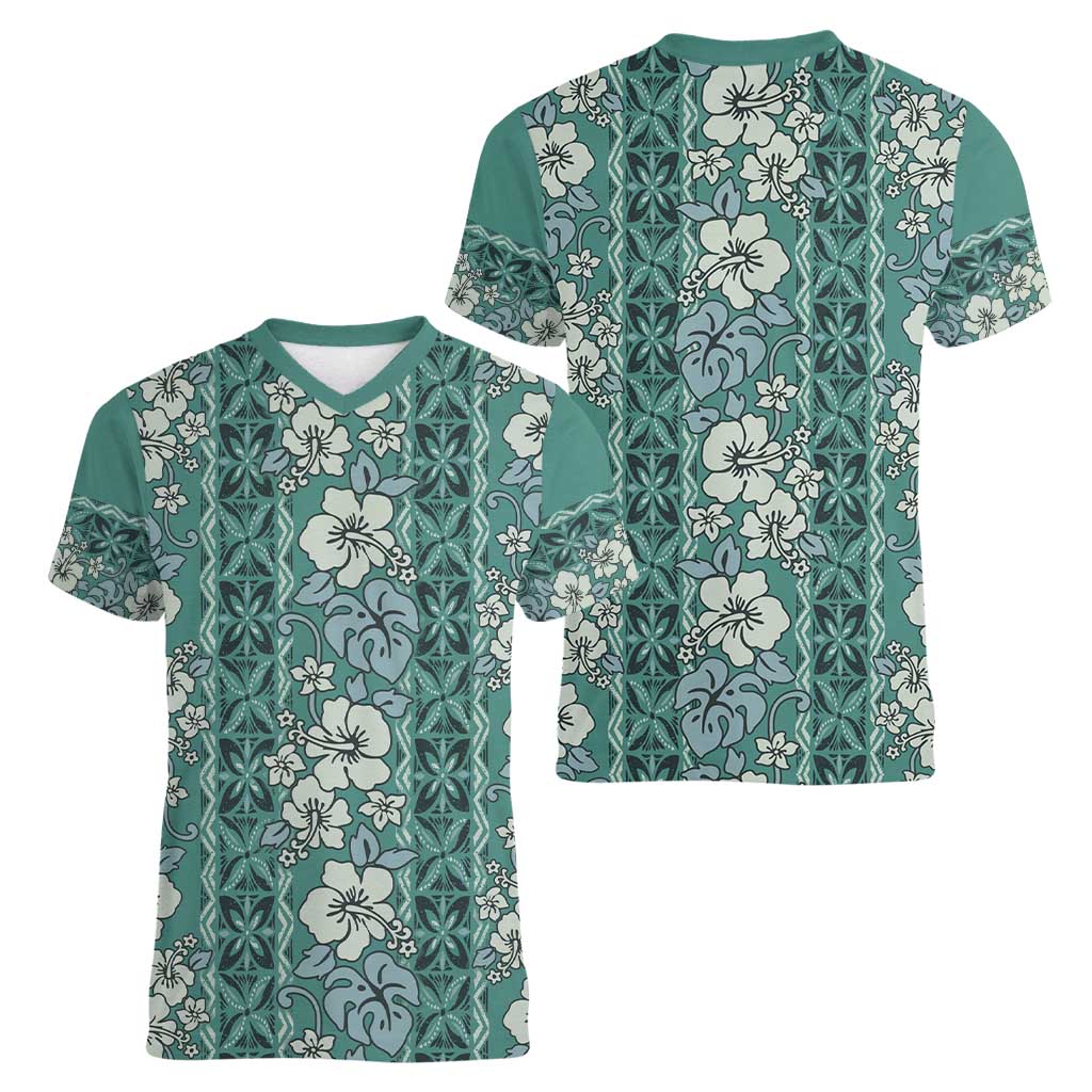 Hawaii Vintage Green Hibiscus Tapa Pattern Women V-Neck T-Shirt