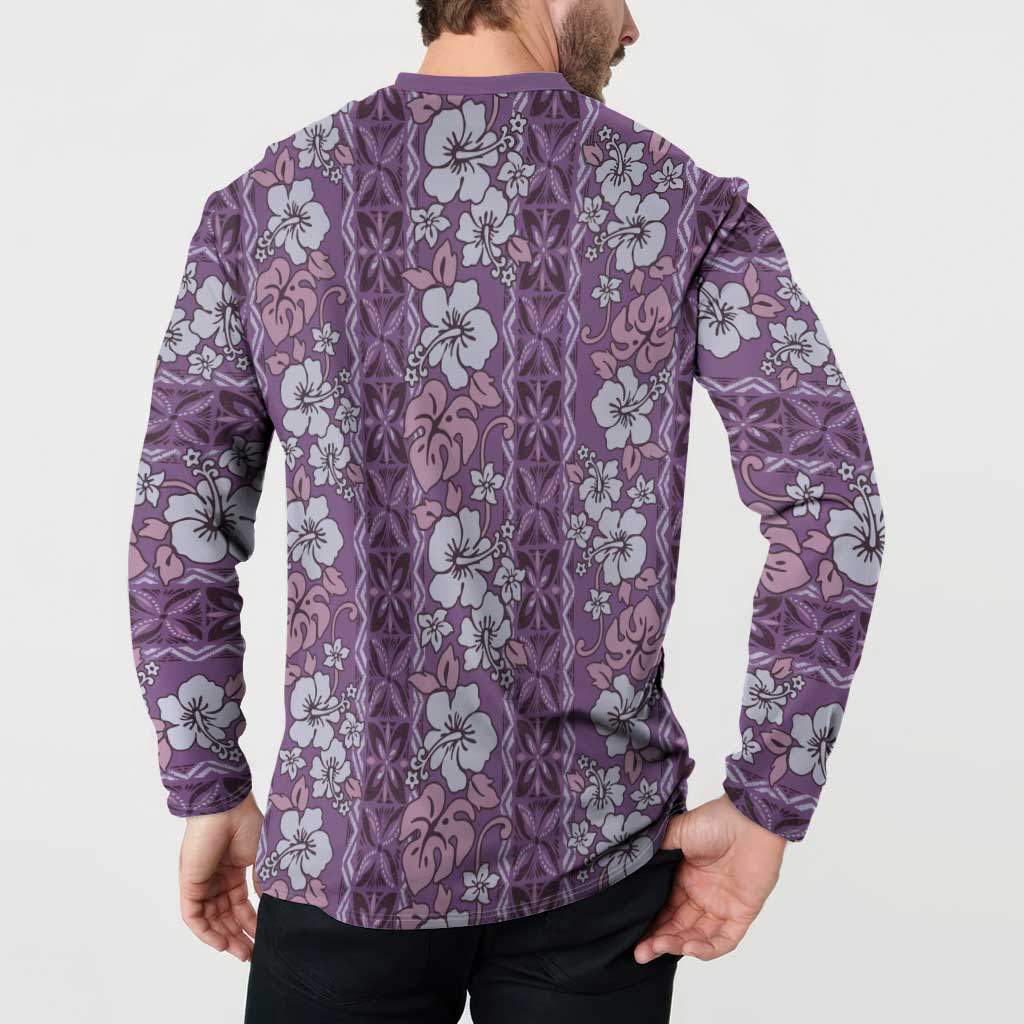 Hawaii Vintage Violet Hibiscus Tapa Pattern Button Sweatshirt