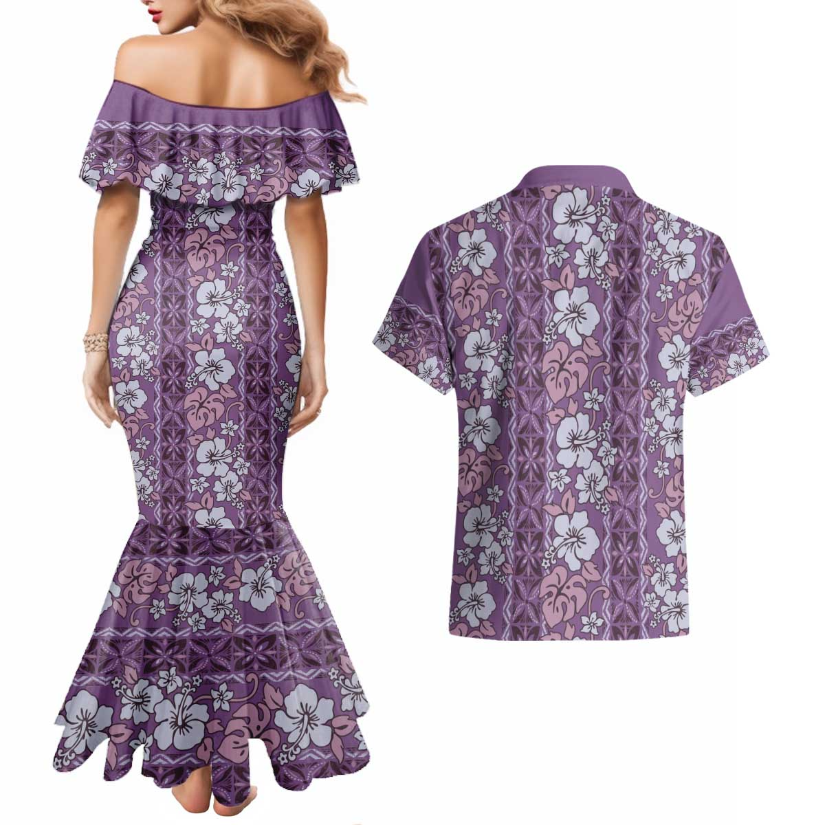 Hawaii Vintage Violet Hibiscus Tapa Pattern Couples Matching Mermaid Dress and Hawaiian Shirt LT05 - Polynesian Pride