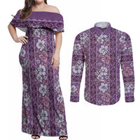 Hawaii Vintage Violet Hibiscus Tapa Pattern Couples Matching Off Shoulder Maxi Dress and Long Sleeve Button Shirt