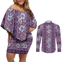 Hawaii Vintage Violet Hibiscus Tapa Pattern Couples Matching Off Shoulder Short Dress and Long Sleeve Button Shirt