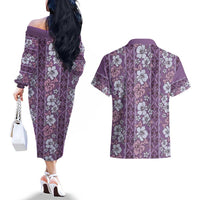 Hawaii Vintage Violet Hibiscus Tapa Pattern Couples Matching Off The Shoulder Long Sleeve Dress and Hawaiian Shirt