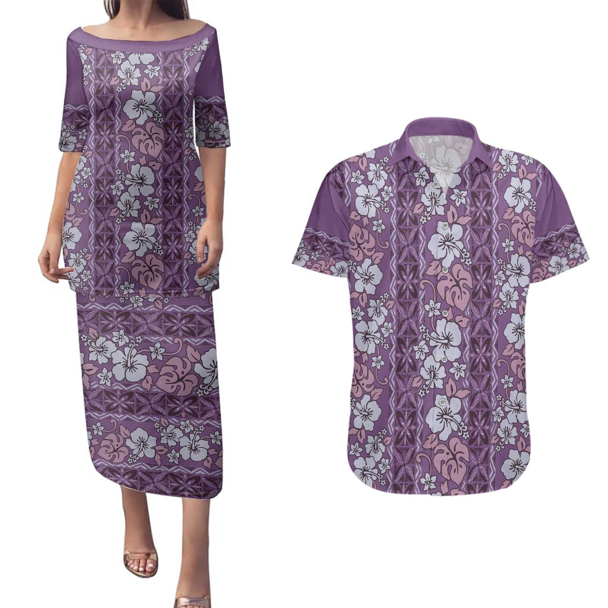 Hawaii Vintage Violet Hibiscus Tapa Pattern Couples Matching Puletasi and Hawaiian Shirt