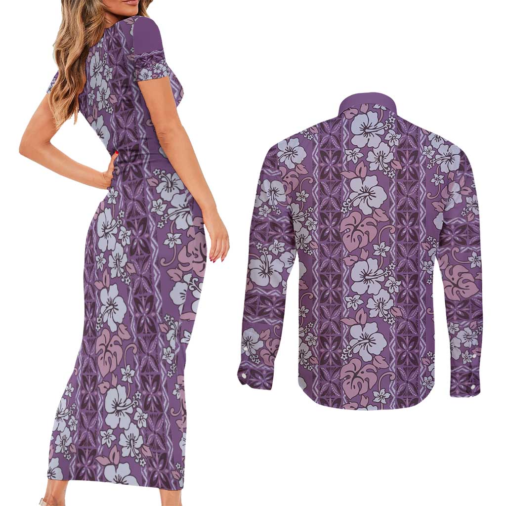 Hawaii Vintage Violet Hibiscus Tapa Pattern Couples Matching Short Sleeve Bodycon Dress and Long Sleeve Button Shirt