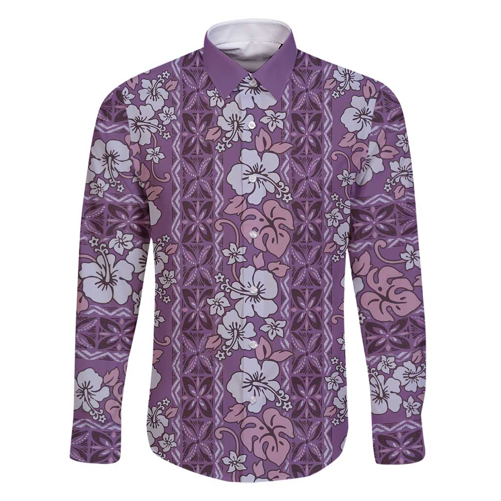 Hawaii Vintage Violet Hibiscus Tapa Pattern Family Matching Long Sleeve Bodycon Dress and Hawaiian Shirt