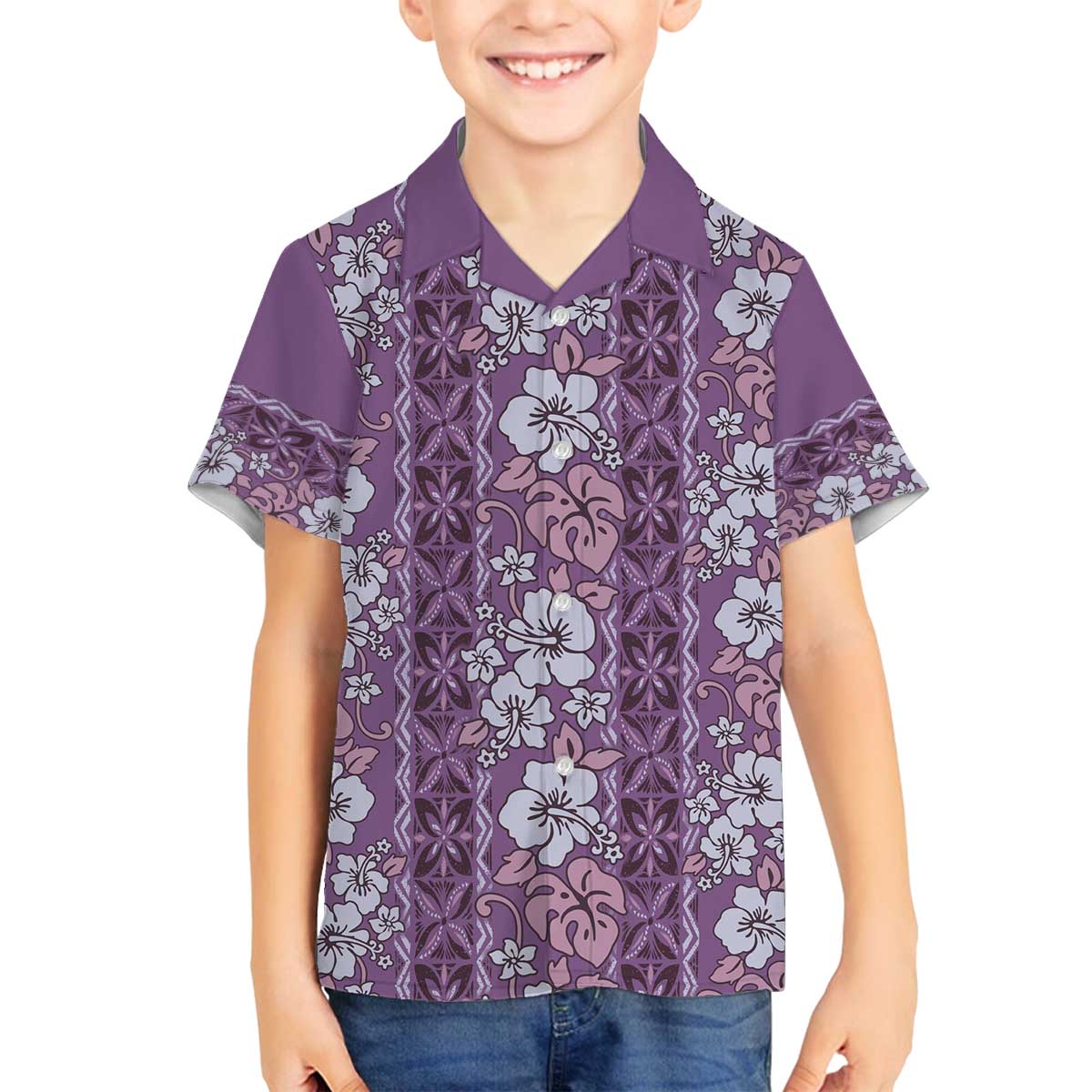 Hawaii Vintage Violet Hibiscus Tapa Pattern Family Matching Off Shoulder Short Dress and Hawaiian Shirt