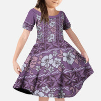 Hawaii Vintage Violet Hibiscus Tapa Pattern Family Matching Short Sleeve Bodycon Dress and Hawaiian Shirt