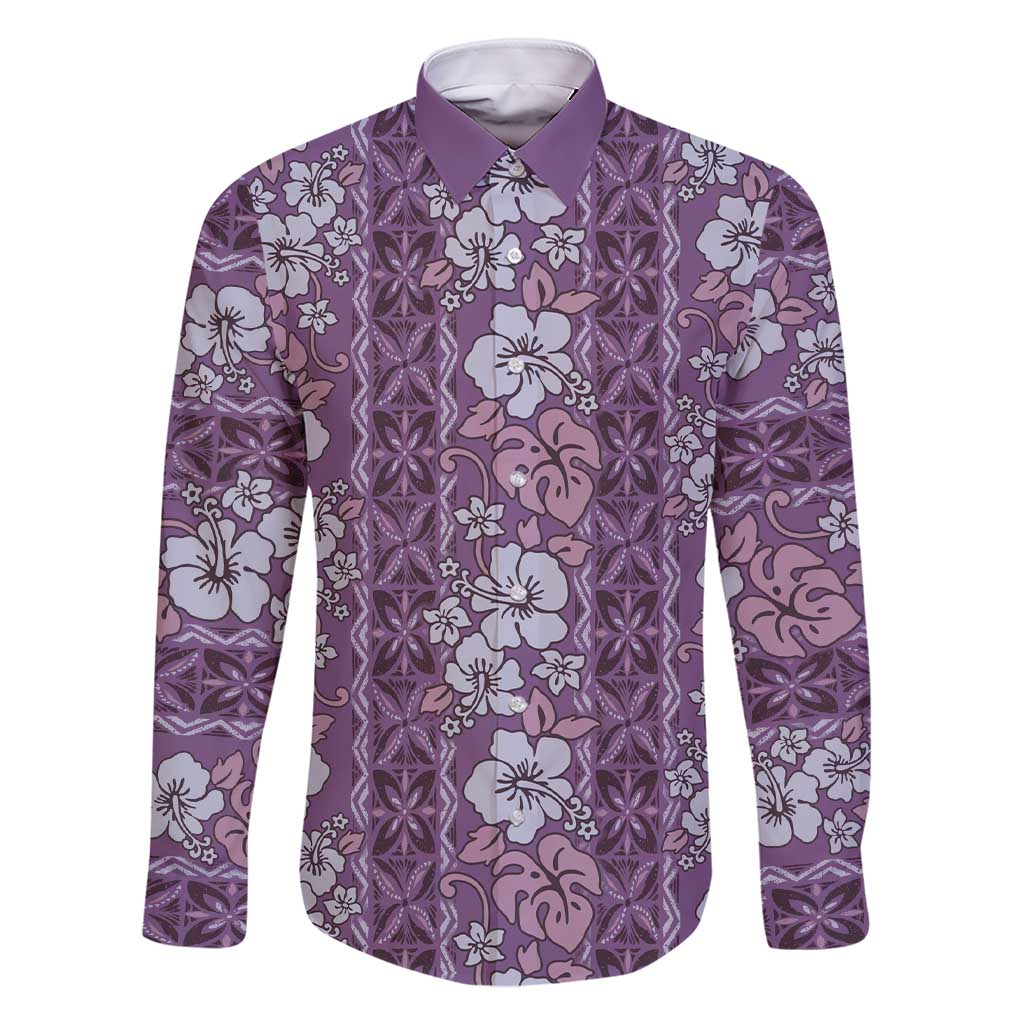 Hawaii Vintage Violet Hibiscus Tapa Pattern Family Matching Short Sleeve Bodycon Dress and Hawaiian Shirt