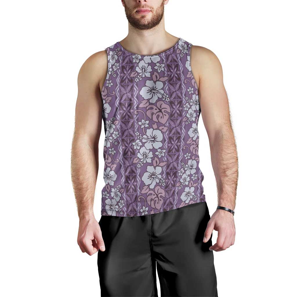 Hawaii Vintage Violet Hibiscus Tapa Pattern Men Tank Top