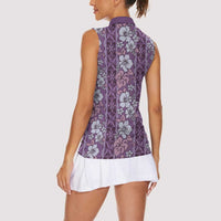 Hawaii Vintage Violet Hibiscus Tapa Pattern Women Sleeveless Polo Shirt
