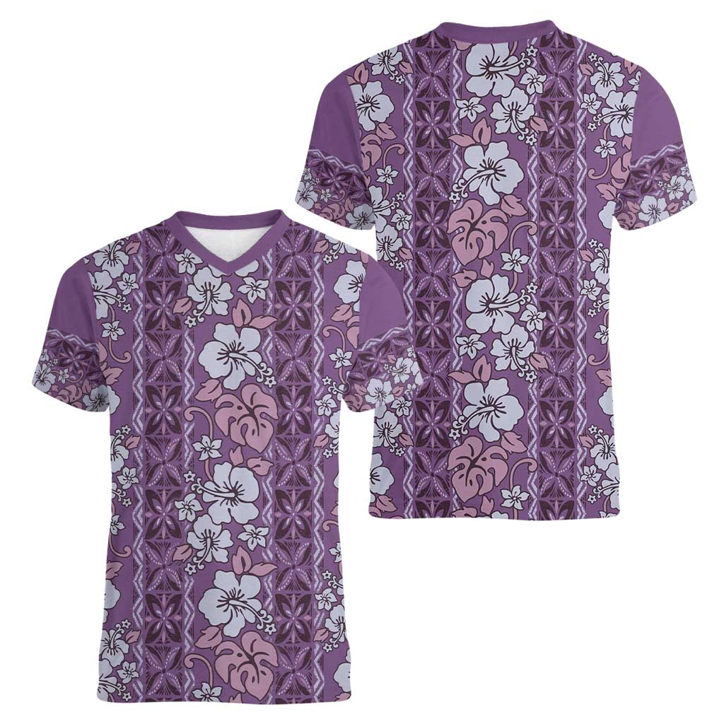 Hawaii Vintage Violet Hibiscus Tapa Pattern Women V-Neck T-Shirt
