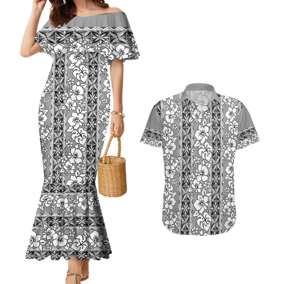 Hawaii Vintage Gray Hibiscus Tapa Pattern Couples Matching Mermaid Dress and Hawaiian Shirt LT05 Gray - Polynesian Pride