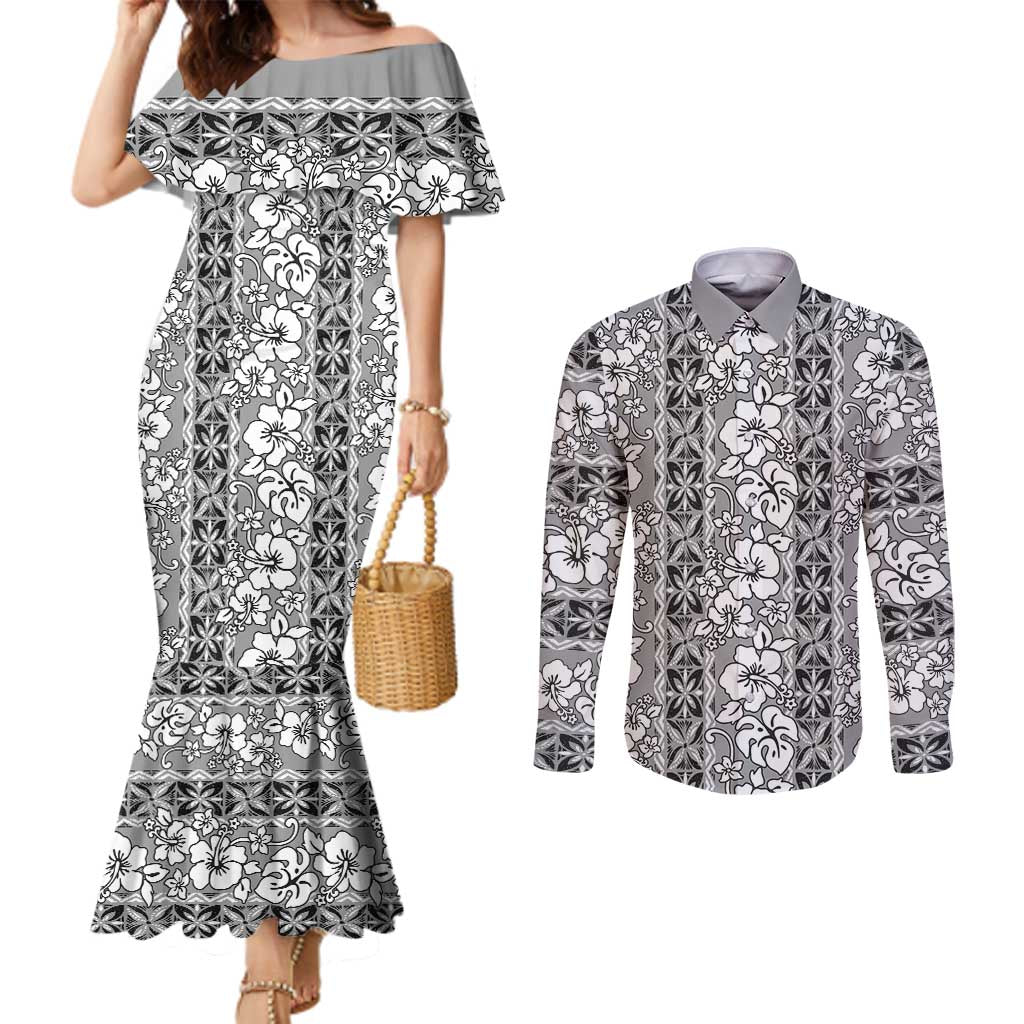 Hawaii Vintage Gray Hibiscus Tapa Pattern Couples Matching Mermaid Dress and Long Sleeve Button Shirt LT05 Gray - Polynesian Pride