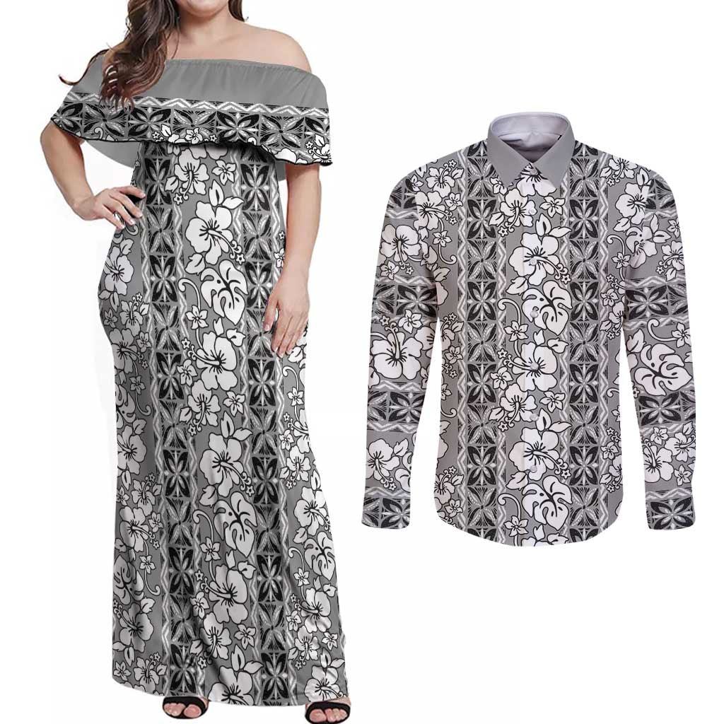 Hawaii Vintage Gray Hibiscus Tapa Pattern Couples Matching Off Shoulder Maxi Dress and Long Sleeve Button Shirt LT05 Gray - Polynesian Pride