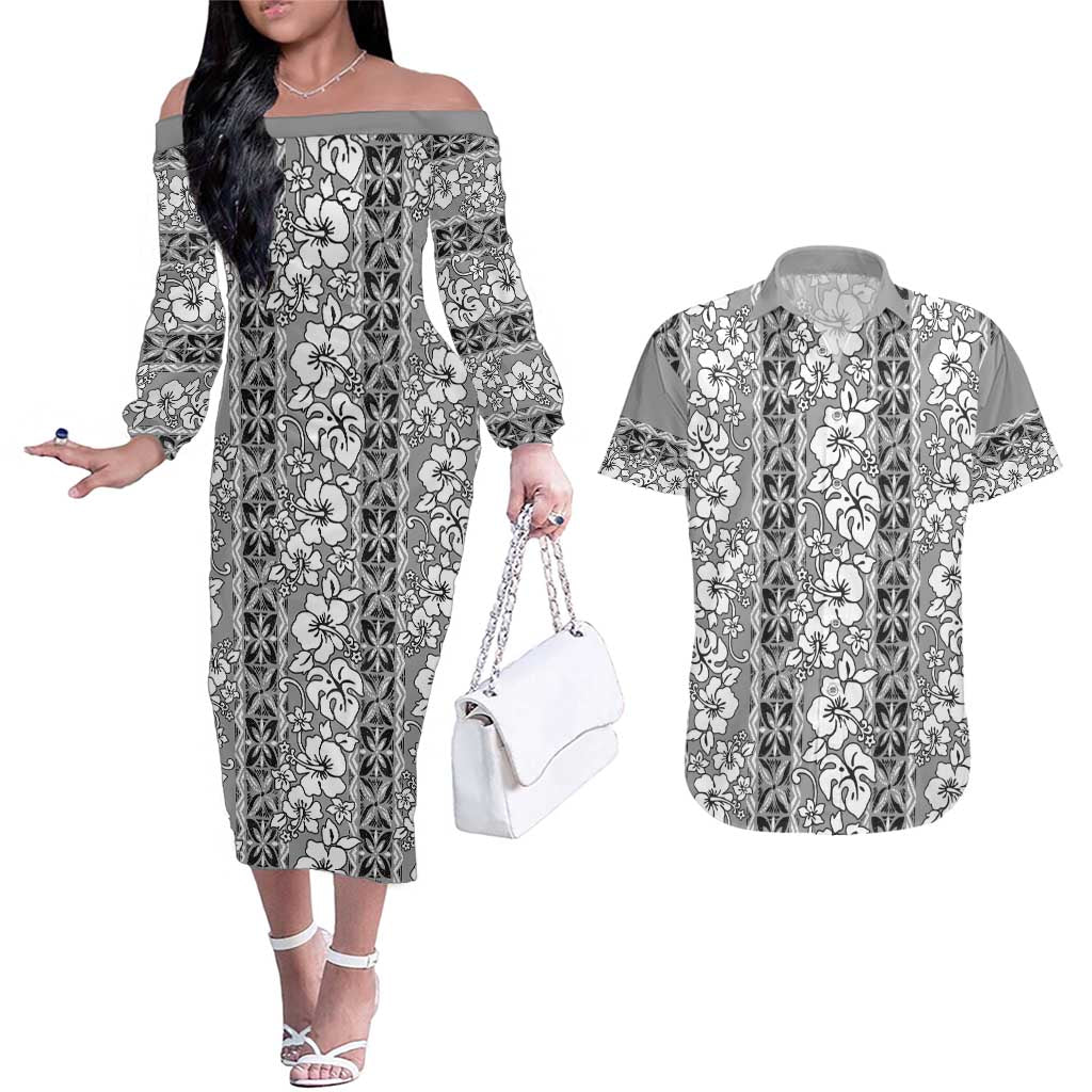 Hawaii Vintage Gray Hibiscus Tapa Pattern Couples Matching Off The Shoulder Long Sleeve Dress and Hawaiian Shirt LT05 Gray - Polynesian Pride