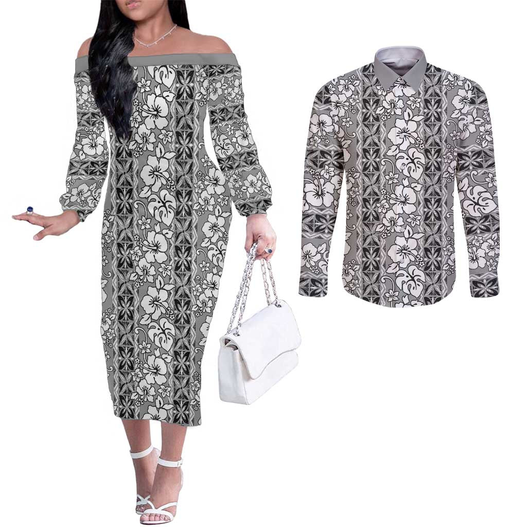 Hawaii Vintage Gray Hibiscus Tapa Pattern Couples Matching Off The Shoulder Long Sleeve Dress and Long Sleeve Button Shirt LT05 Gray - Polynesian Pride