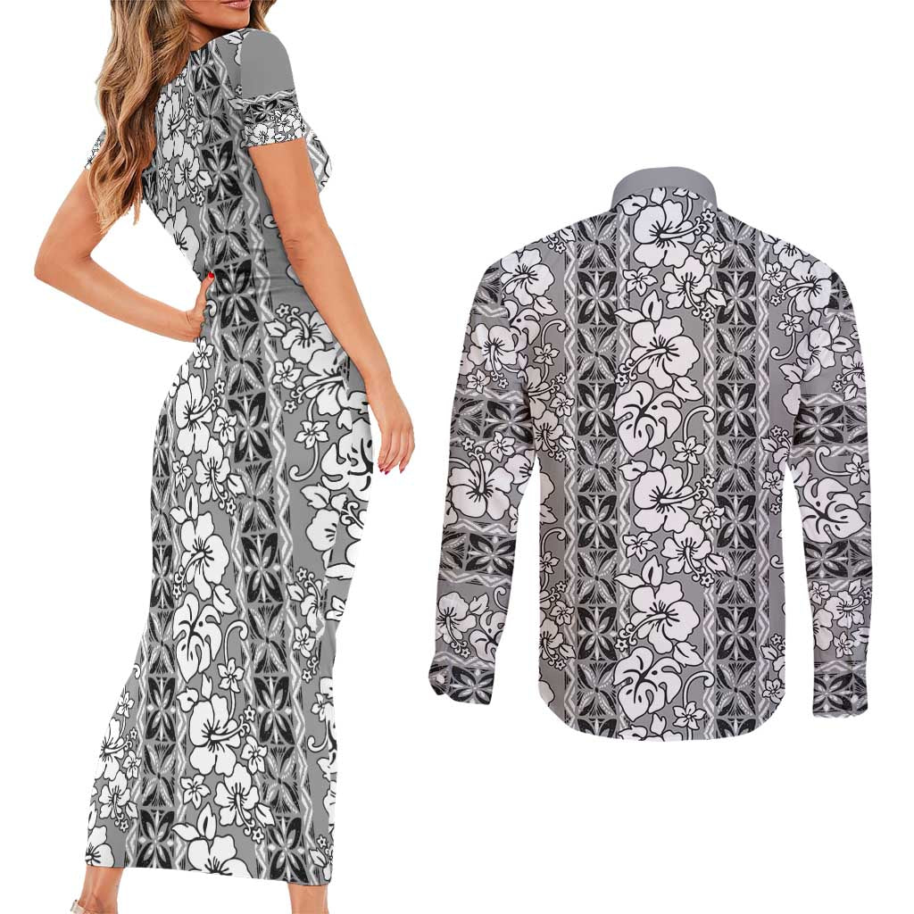 Hawaii Vintage Gray Hibiscus Tapa Pattern Couples Matching Short Sleeve Bodycon Dress and Long Sleeve Button Shirt