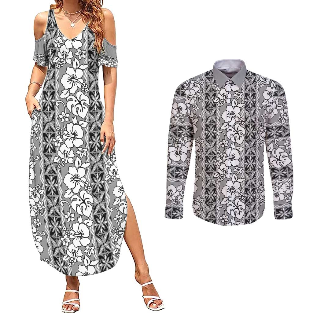 Hawaii Vintage Gray Hibiscus Tapa Pattern Couples Matching Summer Maxi Dress and Long Sleeve Button Shirt LT05 Gray - Polynesian Pride