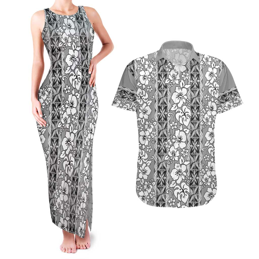 Hawaii Vintage Gray Hibiscus Tapa Pattern Couples Matching Tank Maxi Dress and Hawaiian Shirt LT05 Gray - Polynesian Pride