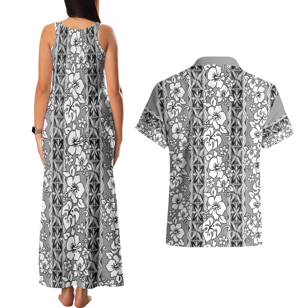 Hawaii Vintage Gray Hibiscus Tapa Pattern Couples Matching Tank Maxi Dress and Hawaiian Shirt
