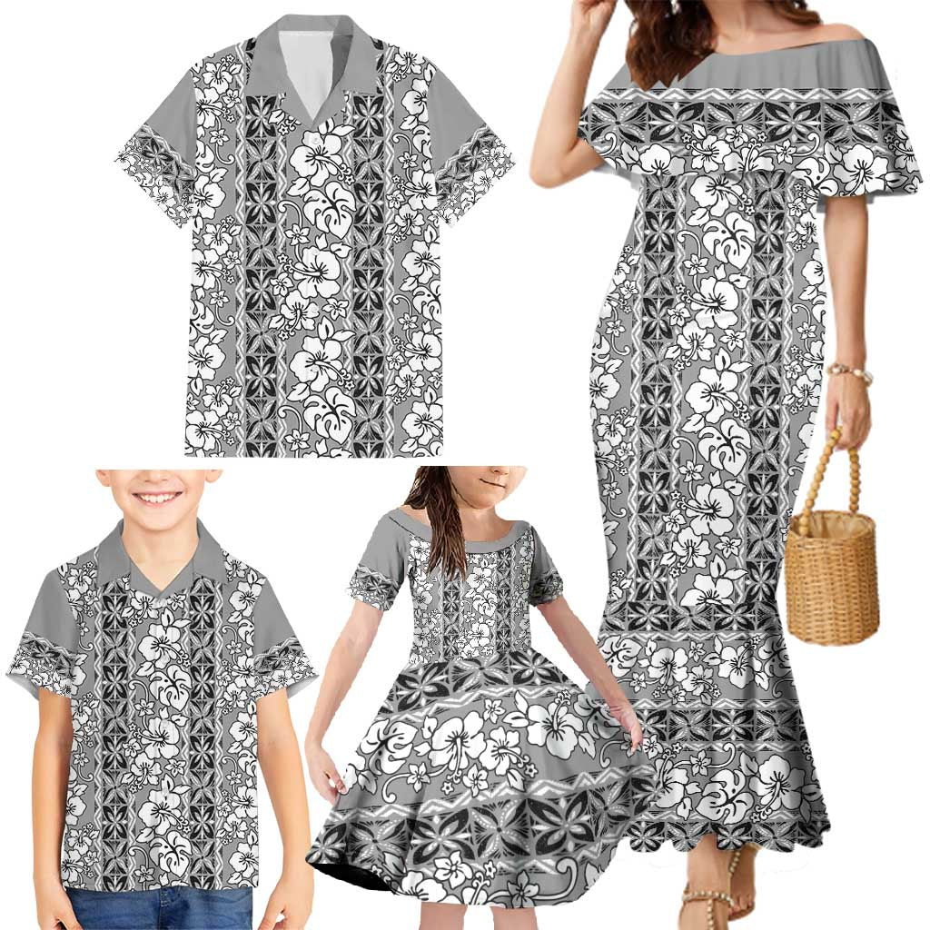Hawaii Vintage Gray Hibiscus Tapa Pattern Family Matching Mermaid Dress and Hawaiian Shirt LT05 - Polynesian Pride