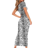Hawaii Vintage Gray Hibiscus Tapa Pattern Family Matching Short Sleeve Bodycon Dress and Hawaiian Shirt