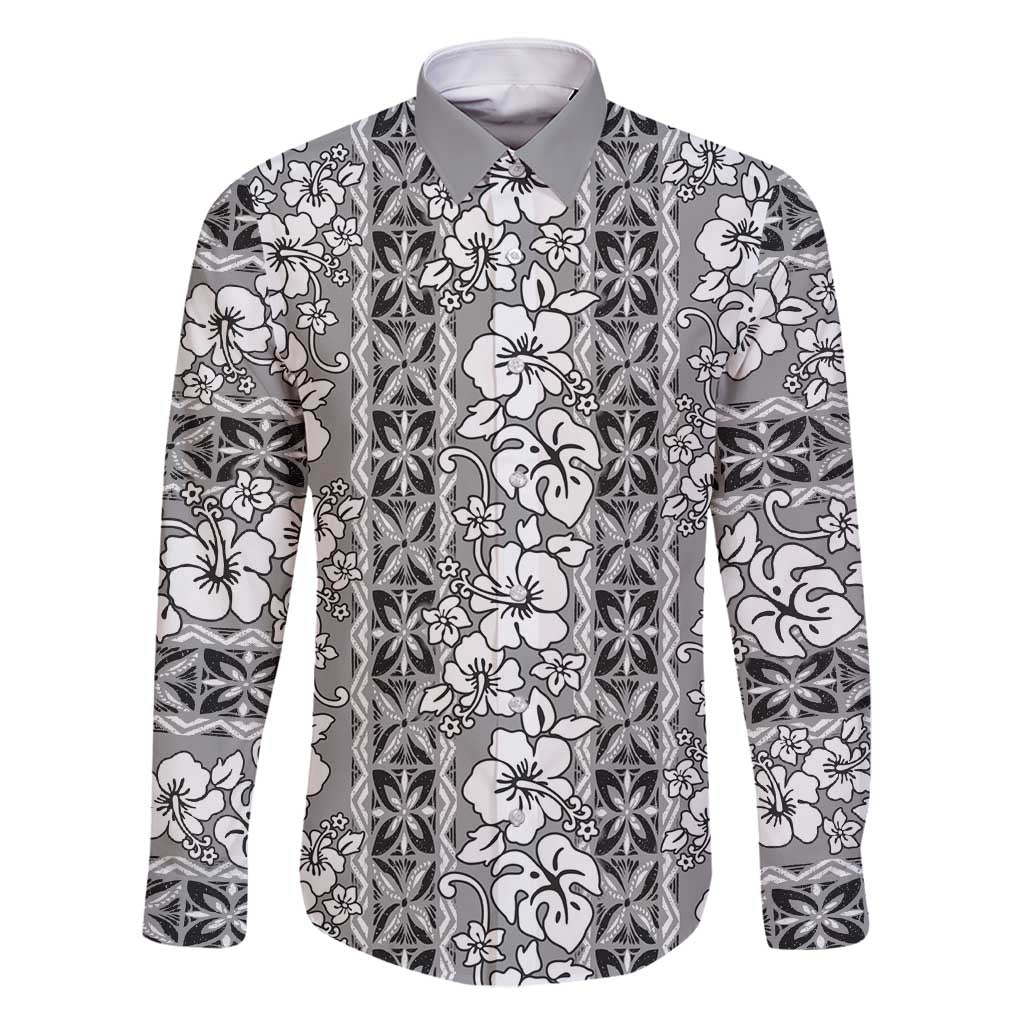 Hawaii Vintage Gray Hibiscus Tapa Pattern Family Matching Summer Maxi Dress and Hawaiian Shirt