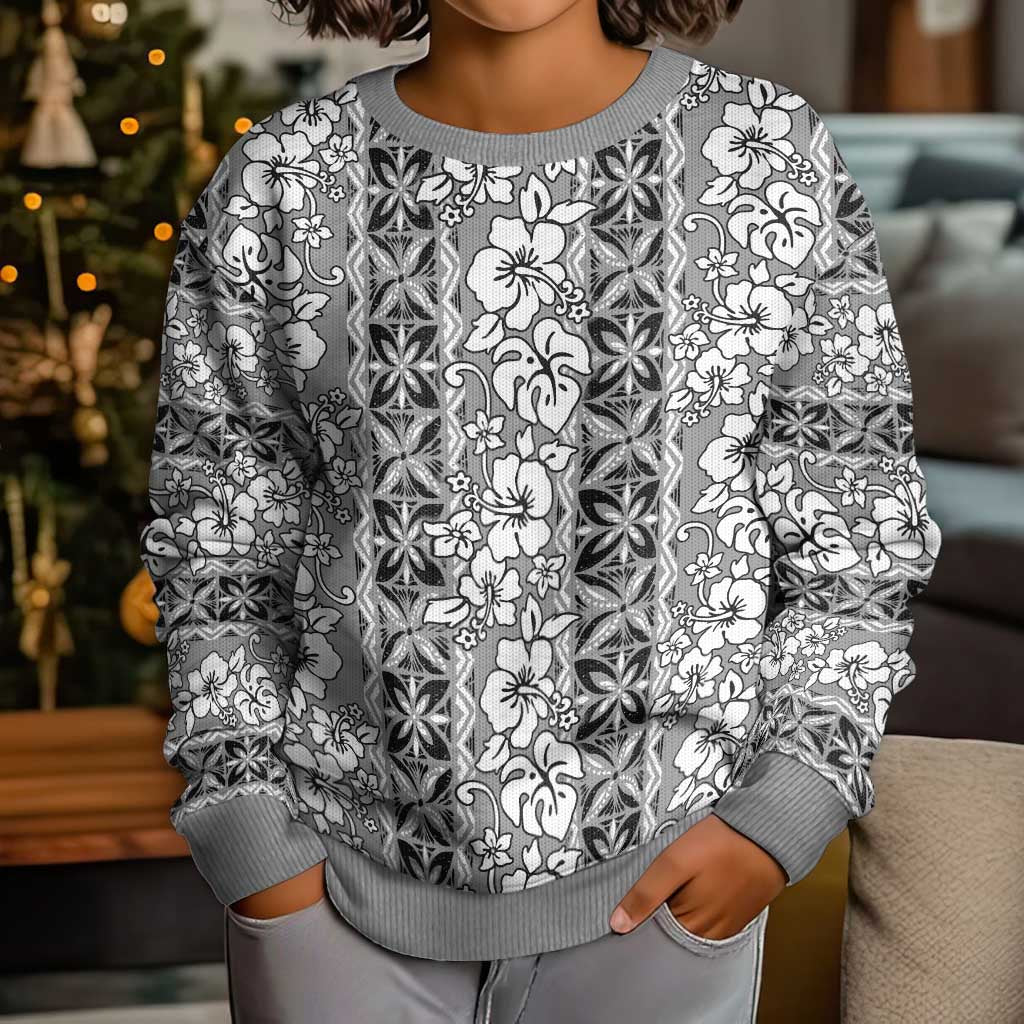 Hawaii Vintage Gray Hibiscus Tapa Pattern Kid Ugly Christmas Sweater
