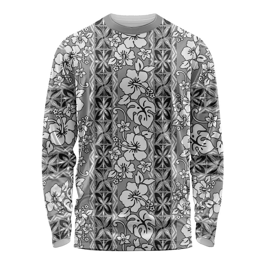 Hawaii Vintage Gray Hibiscus Tapa Pattern Long Sleeve Shirt LT05 Unisex Gray - Polynesian Pride