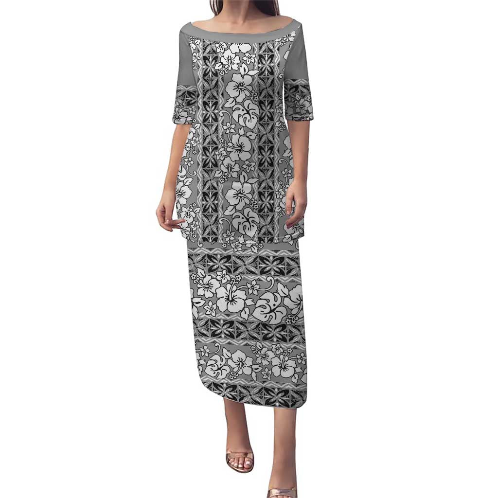 Hawaii Vintage Gray Hibiscus Tapa Pattern Puletasi