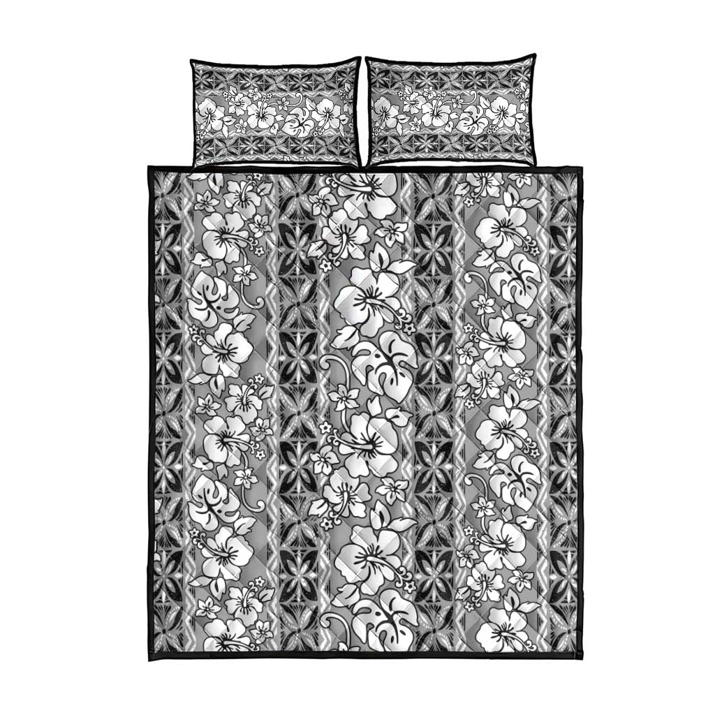 Hawaii Vintage Gray Hibiscus Tapa Pattern Quilt Bed Set