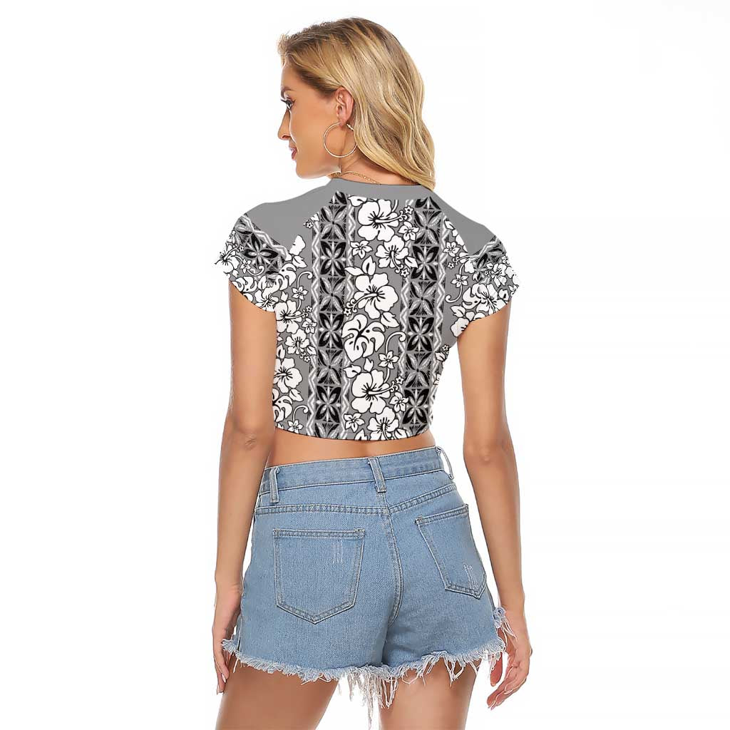 Hawaii Vintage Gray Hibiscus Tapa Pattern Raglan Cropped T Shirt