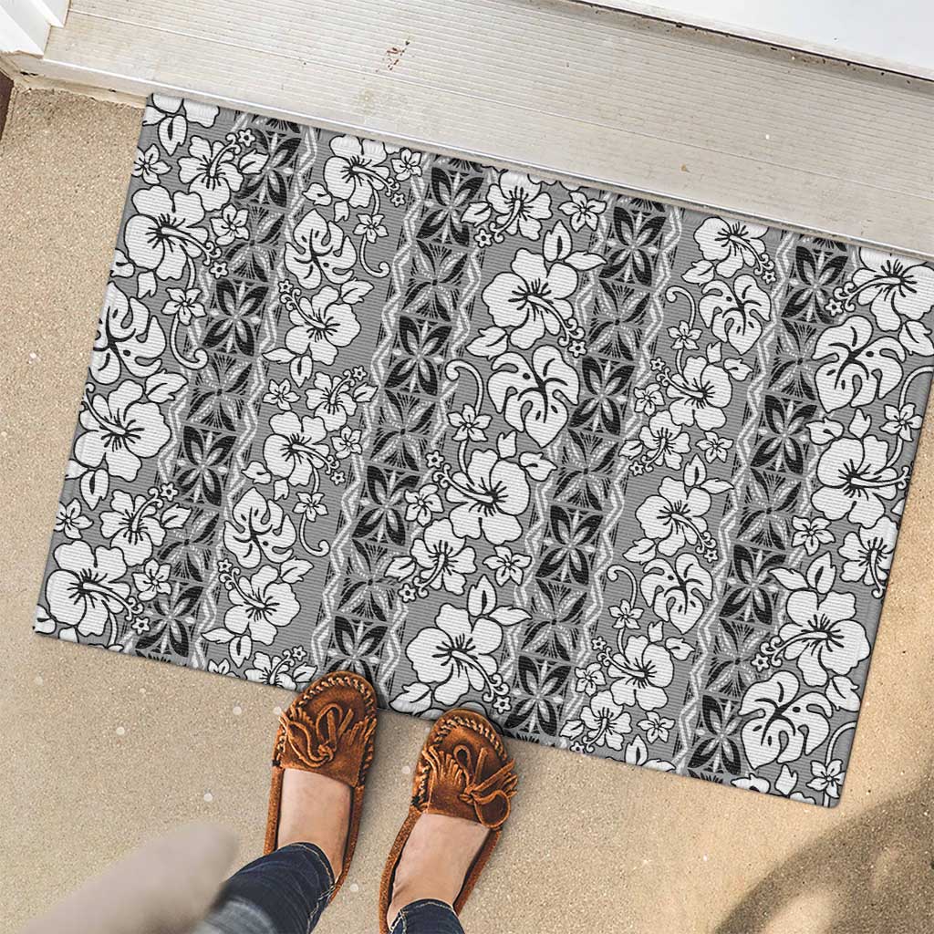 Hawaii Vintage Gray Hibiscus Tapa Pattern Rubber Doormat