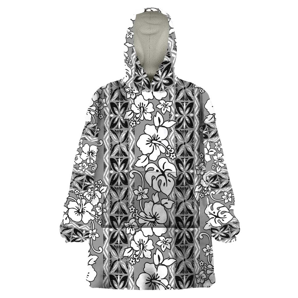 Hawaii Vintage Gray Hibiscus Tapa Pattern Wearable Blanket Hoodie LT05 One Size Gray - Polynesian Pride